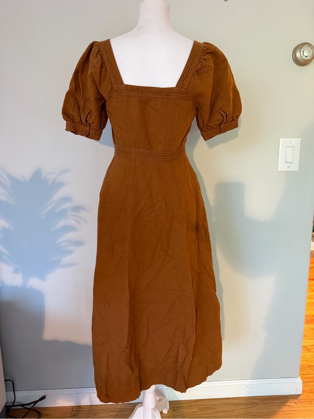 Madewell Seamed Puff-Sleeve Midi Dress Warm Coffee Size 0 Linen Blend - Picture 11 of 15